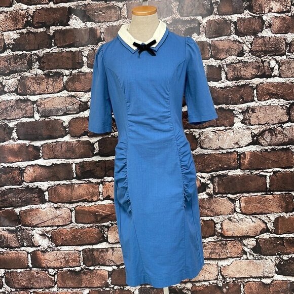 Emmy Sheath Dress Mod Retro NWT Blue White Ruched Size 10 - Picture 5 of 16
